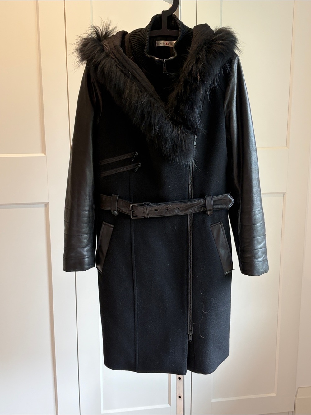 Danier Black Wool and Leather Hooded Trench with Fur Trim